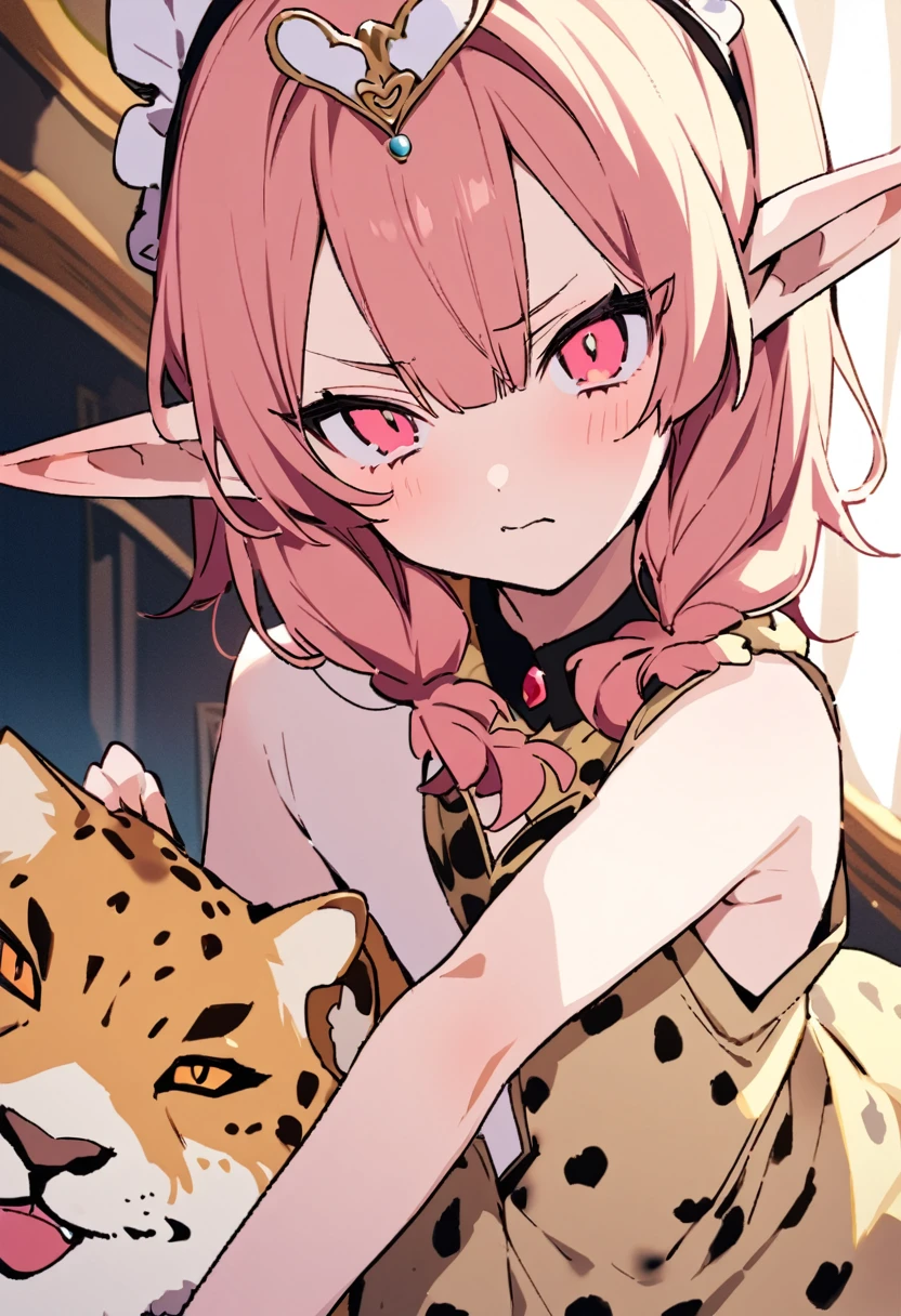 masterpiece, Highest quality, Illustration of the novel, High resolution, 18+ Adult content, Sensual, Intimate, Emotional, Passionate, romantic, sweet, Adorable, Innocent, Pure, charmな, charmな, charm, mysterious, charmな, charmな, Immersive, charmな, dream-like, Surreal, Imaginative, Whimsical, Artistic, Avant-garde, timeless, elegant, Sophisticated, chic, Sophisticated, Personality, original, charmな,((Loli Elf:1.3)),((A look of disgust:1.3))、Upper Body、(A Cheetah/A cheetah/Cheetah Dress:1.3)