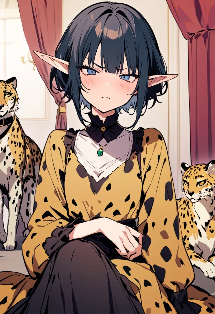 masterpiece, Highest quality, Illustration of the novel, High resolution, 18+ Adult content, Sensual, Intimate, Emotional, Passionate, romantic, sweet, Adorable, Innocent, Pure, charmな, charmな, charm, mysterious, charmな, charmな, Immersive, charmな, dream-like, Surreal, Imaginative, Whimsical, Artistic, Avant-garde, timeless, elegant, Sophisticated, chic, Sophisticated, Personality, original, charmな,((Loli Elf:1.3)),((A look of disgust:1.3))、Upper Body、(A Cheetah/A cheetah/Cheetah Dress:1.3)