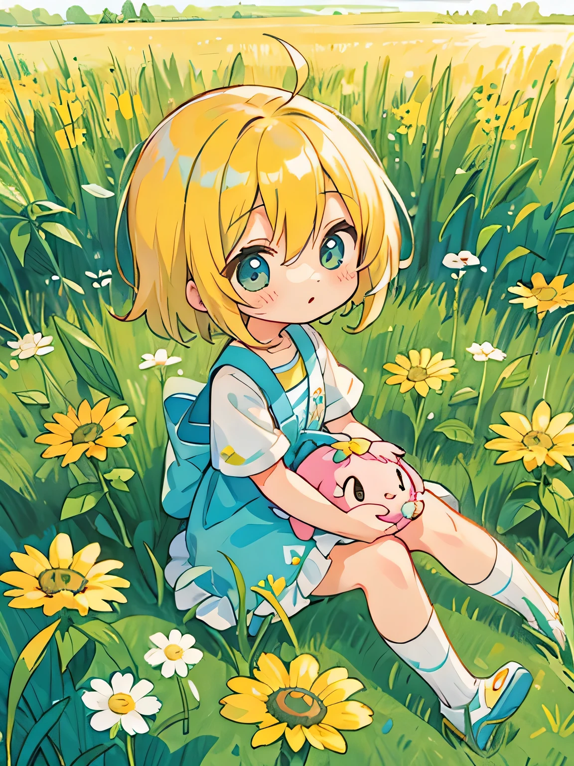Mika Pikazo style、Kawaii Design, most beautiful girl ever、chibi, (((sitting)))、Cute Aliens, field