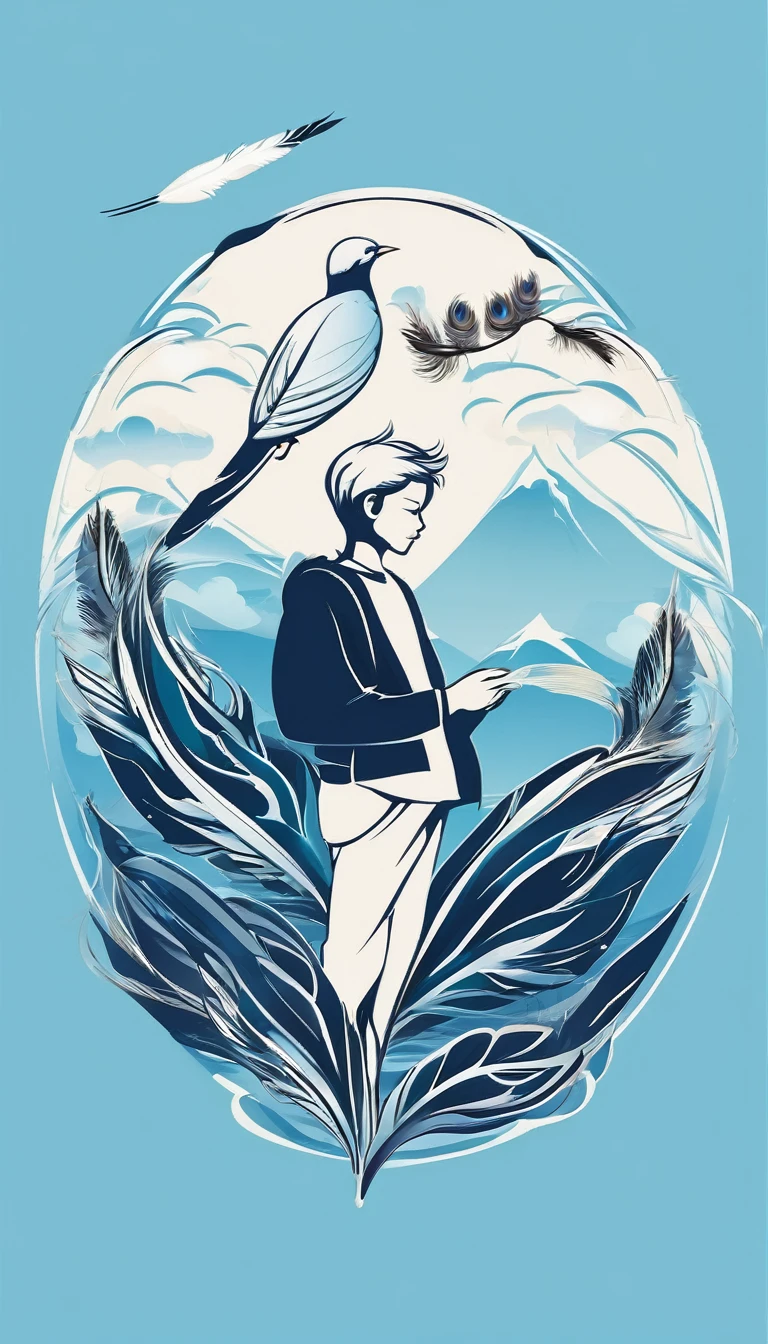 Create a minimalistic, simple, fantastic, easy to understand, logo design of a boy and a feather for an upcoming Brand called " Penamemoria". Create the logo in the center. A fantasy theme with birds and feathers as background, blue sky, white clouds. Use the colours light blue, white, golden in the logo. The logo design must convey a sense of storytelling, memories, dreams and music. Must convey a feeling of being a true Dreamer.
