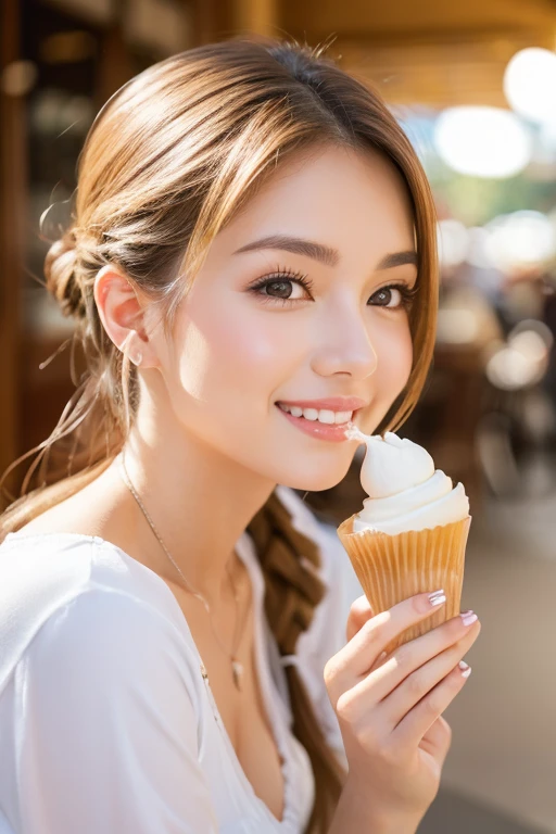 A beautiful woman enjoying a cream-filled pastry