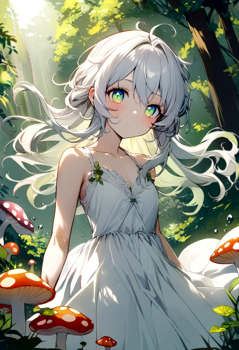 Nashida (masterpiece), (best quality), (Extremely detailed),(Messy hair),(illustration), (1 Girl), Beautiful and delicate eyes,Delicate and beautiful face,floating,(High Saturation),(Colorful splash),Colored bubbles,(shining),Focus on the face, Walking in a forest full of colorful mushrooms，White long hair，Sunlight，Fresh