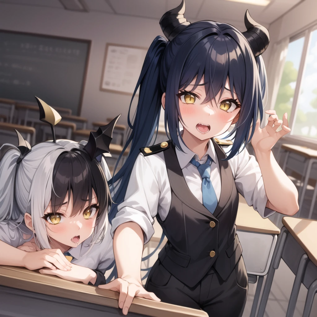 Black Skin、girl、Blue Hair、Yellow Eyes、Jagged teeth、uniform、horn、Demon、School、classroom、Sex、Female organ、Pant voice、Ooh voice、Ahegao、