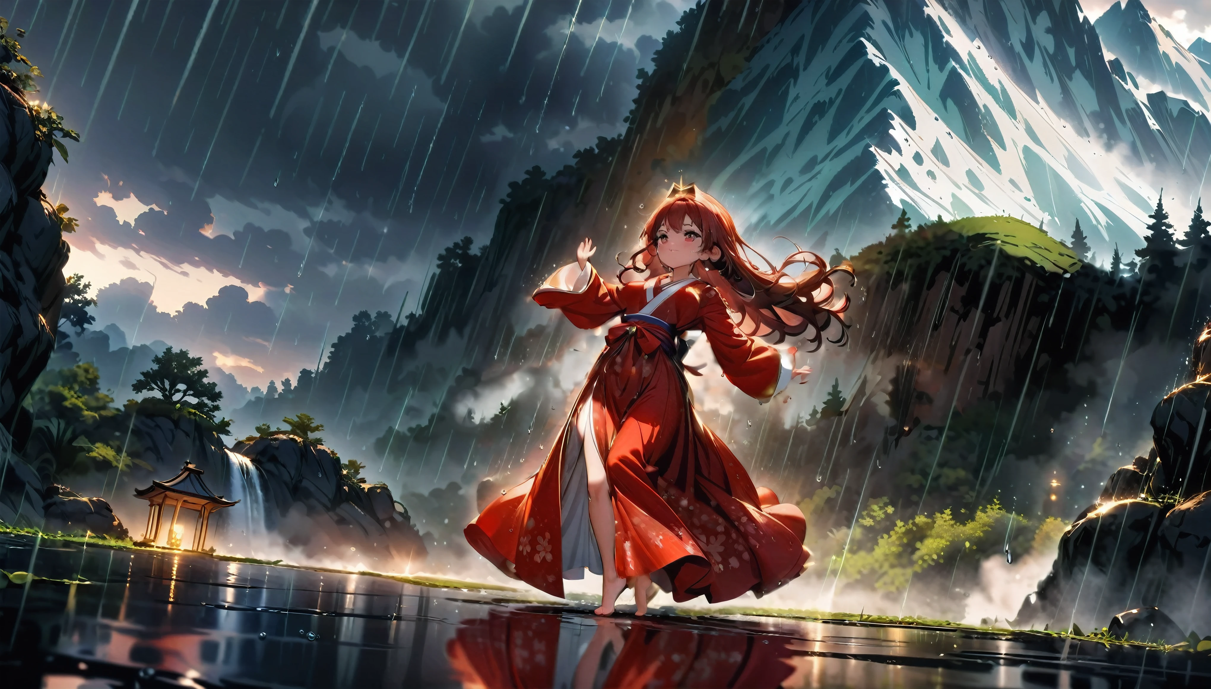 (full body), (solo), (A 7-year-old girl:1.2), (very young little girl), loli, (Solo), (small breast), (wide angle), raw photo, Aesthetic, Convoluted, Awarded, chiaroscuro, Best Quality, Detailed background, (Misty atmosphere:1.2), (hard rainy day:1.1),((Girl in red very long hanfu:1.2)), large red silk hanfu, long red hanfu with a silk texture, best wrinkles, real wrinkles, best shadows, (wet, wet body, wet hair, wet skin, very wet red hanfu, reflection on the wet hanfu, delicate cherry blossom embroidery, subtle water droplets:1.15), (water spray:1.1), The downpour cascades from the heavens, each droplet a crystal bead against the backdrop of the dusky sky. The little girl, a vision in scarlet, twirls gracefully, her red long dress adorned with intricate golden patterns that shimmer in the rain's soft light. The fabric, once crisp and structured, now clings to her form, revealing the contours of her youthful silhouette. Her hair, once neatly styled, now falls in damp strands around her face, framing her features with a natural, wild beauty. The rain has washed away any semblance of artifice, leaving only the pure essence of her spirit exposed. Barefoot, her feet press into the cool, damp earth, each step a connection to the sacred ground beneath her. As she dances, her movements are fluid and free, a dance not of choreographed steps but of spontaneous expression. Her arms extend, hands gracefully tracing the air, as if drawing the raindrops into her orbit. The rain-soaked dress flows with her, the hem fluttering like wings as she spins, creating a halo of water around her. The scene is one of serene tranquility, yet there is an undercurrent of sacred power. The rain, the earth, the girl, all are part of an ancient ritual, a dance of life and renewal. The air is filled with the scent of wet earth and the faintest hint of something more—a hint of incense, perhaps, or the memory of prayers whispered long ago. This is a moment frozen in time, a snapshot of innocen