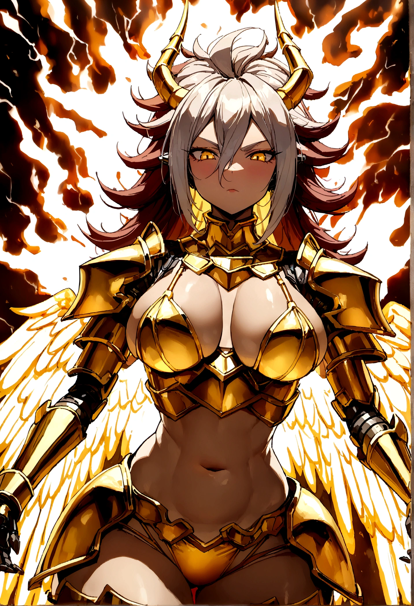 ((Lightning Power)), ((Electricity)), ((Fire Background)), ((Lightning Storm)), ((Power Erupting)), (((((android 21))))), ((((Gigantic Rasengan)))), (((Evil Power))), (((white Coat))), (((Busty))), (((((Big breast:1,3)))), luxury bustier corset, (((silver hair))), (((Very slim waist))), propotional body, ((Gorgeous)), (((Fire Blazing Horns))), ((((gold wings))), masterpiece, hyperdetail, ambient effect, digital effect, (((Fire Gold Bikini Armor))), (((Lightning Gold Wings)))