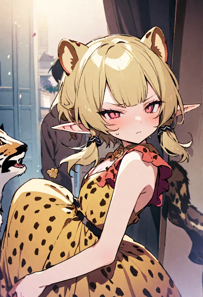 masterpiece, Highest quality, Illustration of the novel, High resolution, 18+ Adult content, Sensual, Intimate, Emotional, Passionate, romantic, sweet, Adorable, Innocent, Pure, charmな, charmな, charm, mysterious, charmな, charmな, Immersive, charmな, dream-like, Surreal, Imaginative, Whimsical, Artistic, Avant-garde, timeless, elegant, Sophisticated, chic, Sophisticated, Personality, original, charmな,((Loli Elf:1.3)),((A look of disgust:1.3))、Upper Body、(A Cheetah/A cheetah/Cheetah Dress:1.3)