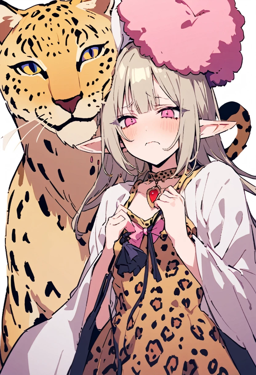 masterpiece, Highest quality, Illustration of the novel, High resolution, 18+ Adult content, Sensual, Intimate, Emotional, Passionate, romantic, sweet, Adorable, Innocent, Pure, charmな, charmな, charm, mysterious, charmな, charmな, Immersive, charmな, dream-like, Surreal, Imaginative, Whimsical, Artistic, Avant-garde, timeless, elegant, Sophisticated, chic, Sophisticated, Personality, original, charmな,((Loli Elf:1.3)),((A look of disgust:1.3))、Upper Body、(A Cheetah/A cheetah/Cheetah Dress:1.3)