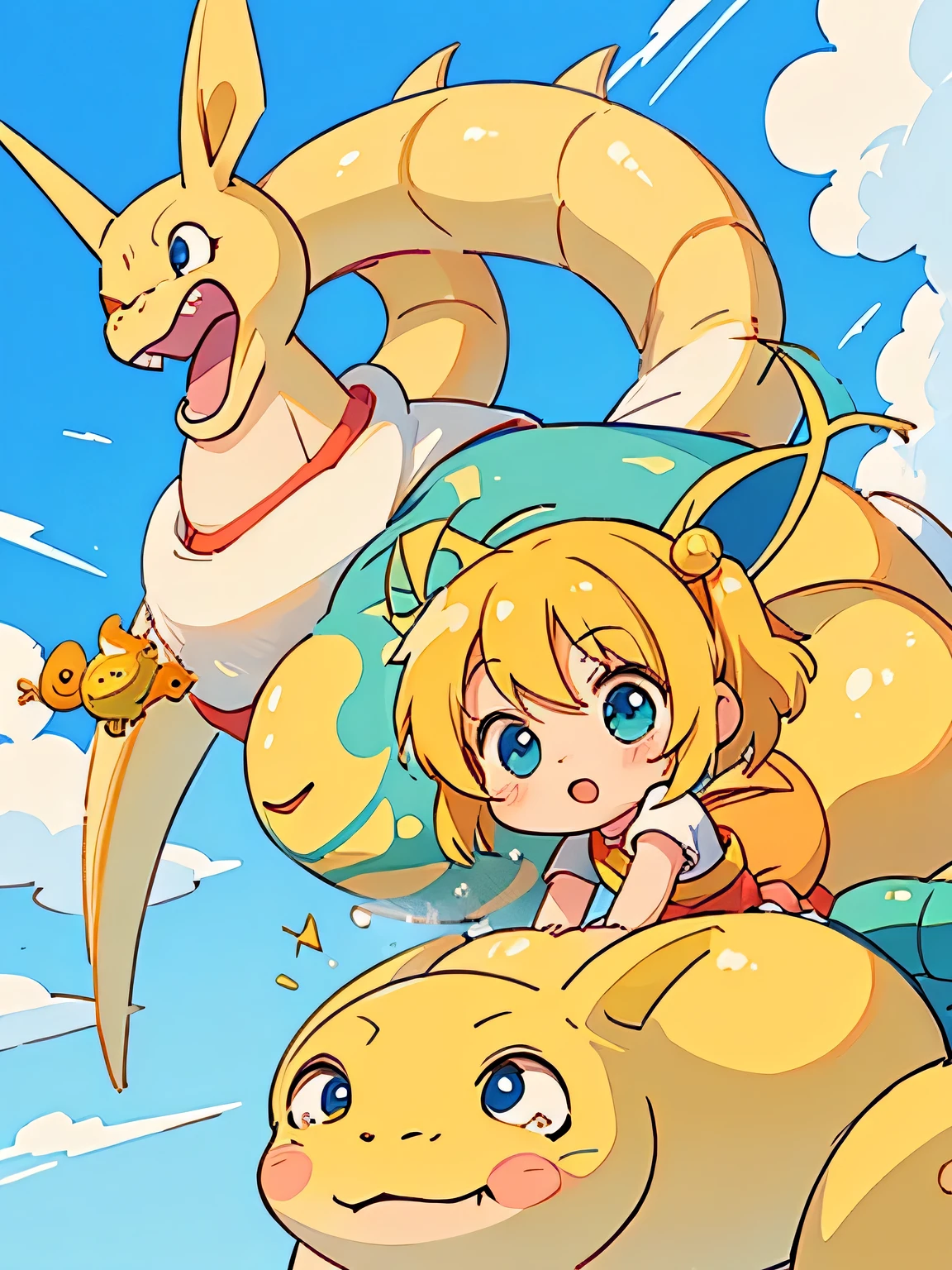 Mika Pikazo style、Kawaii Design, most beautiful girl ever、chibi, (((Playing in the sky with Shenron)))、blue sky
