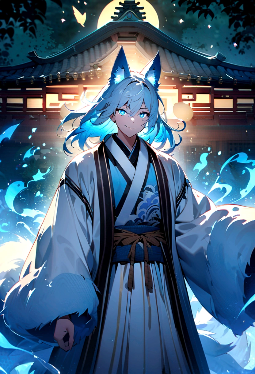 fox Light blue hair 　beast boy们 Positive face　Indigo fur　fox beast boy们　fox Light blue hair 　beast boy们　Indigo fur　fox beast boy们　Wallpaper 4k,8K,Very detailed,Vibrant colors,water glow,Black silhouette of a pagoda,Faint moonlight,Dense forest,Ethereal atmosphere,Dappled sunlight,excellent,Smile,Exquisite Hanfu and belt,Exquisite hand-painted details,Glowing eyes　Anime style　fox　blue　White-faced golden-haired nine-tailed fox　Coat blue　　　Mysterious Background　Blue flame　boy们　There is a ball of light Anime style　fox　blue　White-faced golden-haired nine-tailed fox　Coat blue　　　Mysterious Background　Blue flame　boy　There is a ball of light，Positive face，face