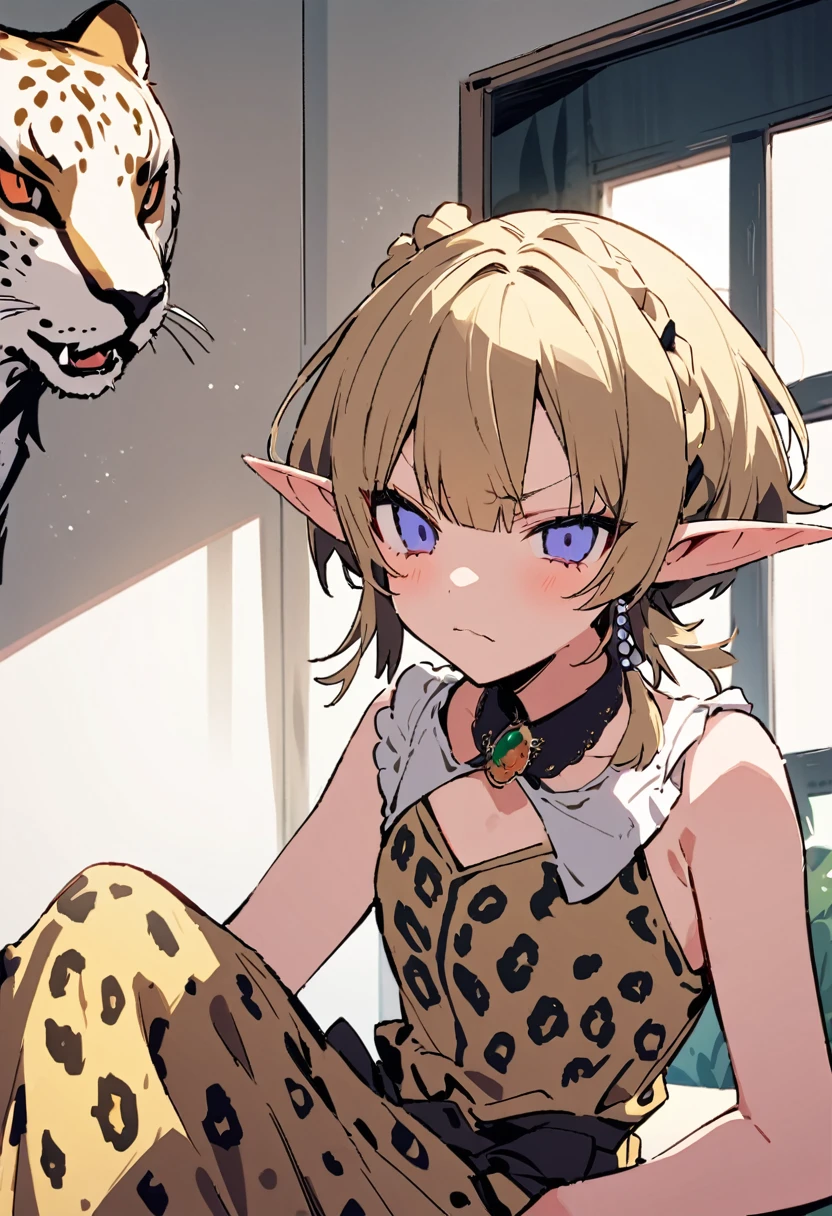 masterpiece, Highest quality, Illustration of the novel, High resolution, 18+ Adult content, Sensual, Intimate, Emotional, Passionate, romantic, sweet, Adorable, Innocent, Pure, charmな, charmな, charm, mysterious, charmな, charmな, Immersive, charmな, dream-like, Surreal, Imaginative, Whimsical, Artistic, Avant-garde, timeless, elegant, Sophisticated, chic, Sophisticated, Personality, original, charmな,((Loli Elf:1.3)),((A look of disgust:1.3))、Upper Body、(A Cheetah/A cheetah/Cheetah Dress:1.3)