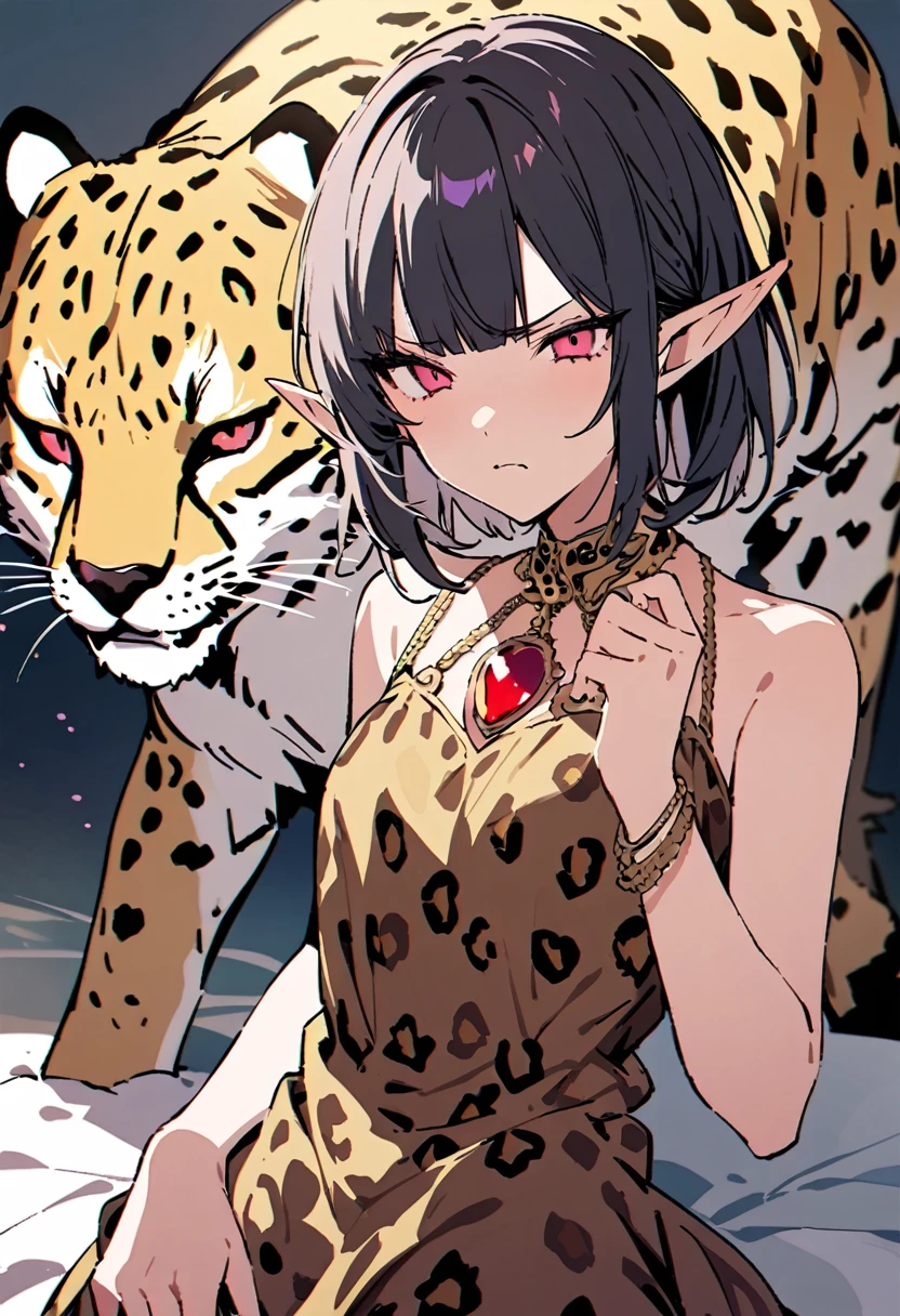masterpiece, Highest quality, Illustration of the novel, High resolution, 18+ Adult content, Sensual, Intimate, Emotional, Passionate, romantic, sweet, Adorable, Innocent, Pure, charmな, charmな, charm, mysterious, charmな, charmな, Immersive, charmな, dream-like, Surreal, Imaginative, Whimsical, Artistic, Avant-garde, timeless, elegant, Sophisticated, chic, Sophisticated, Personality, original, charmな,((Loli Elf:1.3)),((A look of disgust:1.3))、Upper Body、(A Cheetah/A cheetah/Cheetah Dress:1.3)