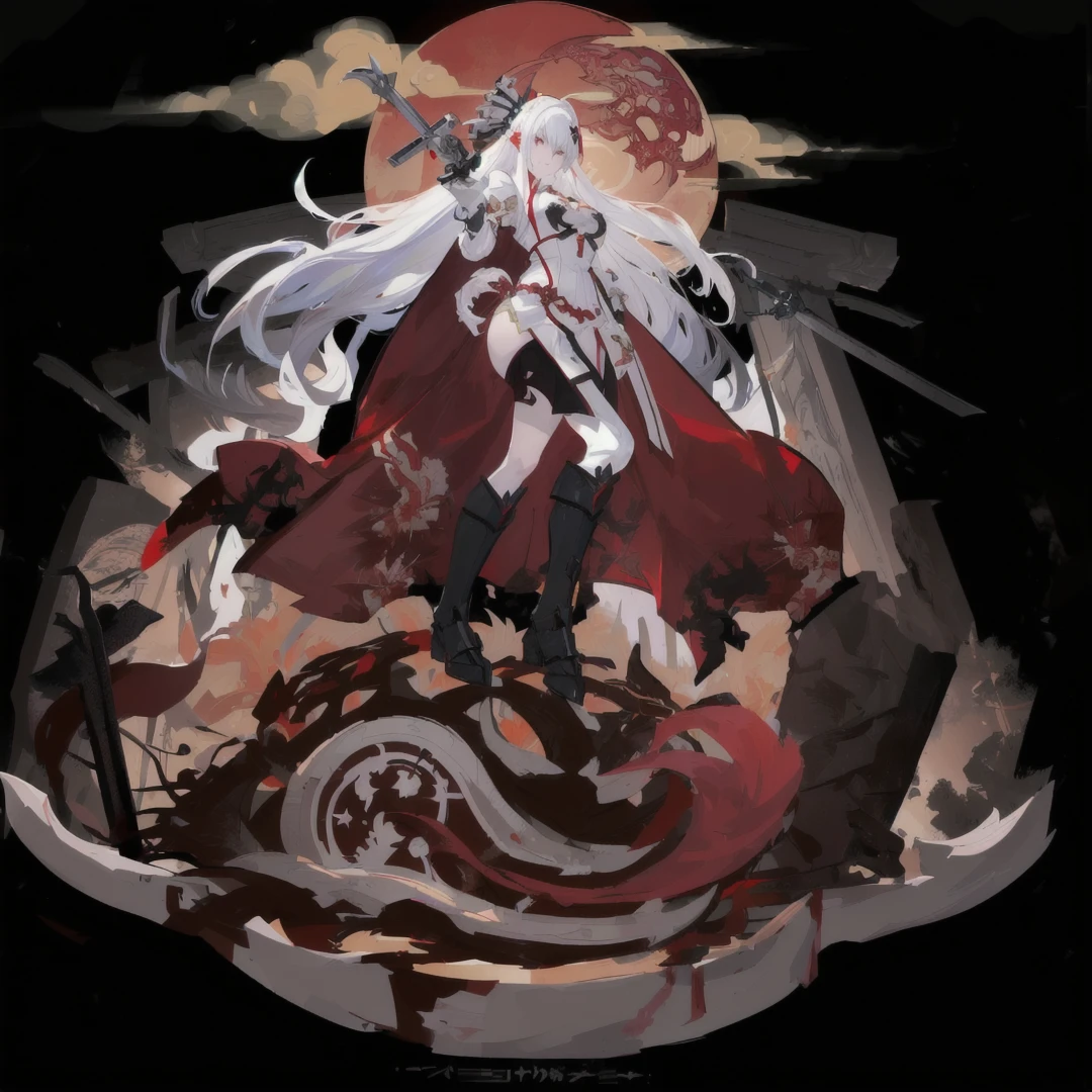 White-haired anime character holding a sword, Blood Moon Tentacles!!, White-haired deity, Praise the Blood Moon, Dragoon, guilty gear art style, goddess, Fleet Collection Style, anime monster girl, Kushat Wreath, Edelgard Fire Emblem, Kushat Kents, Official Art, castlevania witch