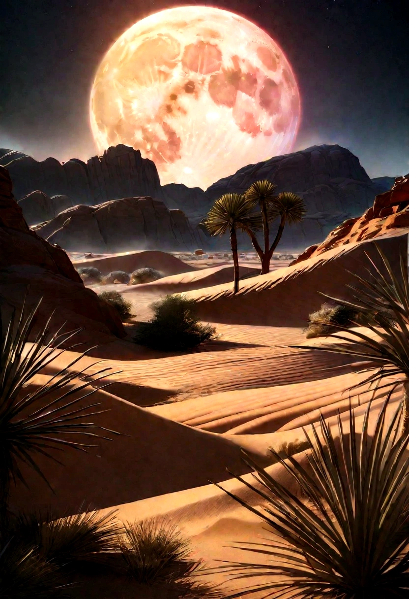 a desert landscape, rocky plateau, scrubland, night sky, full moon, stars, howling coyote, windswept sand dunes, Joshua trees, weathered rock formations, dramatic lighting, cinematic composition, vivid colors, photorealistic, best quality, 8k, hyper detailed