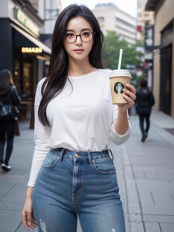(Masterpiece:1.3)、(8K、Realistic photos、RAW shooting、Highest quality: 1.4)、absolutely correct、textured skin、((((1 girl、alone))))、((Shoot for one person only.))、beautiful face、(realistic face)、Thai model(have dark hair,Midfielder、long:1.3)、Korean model(have dark hair、Midfielder、long:1.3)、More Korean than Thai、realistic eyes、The skin looks realistic.、beautiful details、Beautiful skin、Ultra high resolution、(Too realistic)、Anatomically correct、textured skin、Sharp jaw、perfect proportions 、fat,Overweight, Dressed in jeans,Stylish and fashionable clothes, glasses, In front of Starbucks store、Holding a foamy coffee cup
