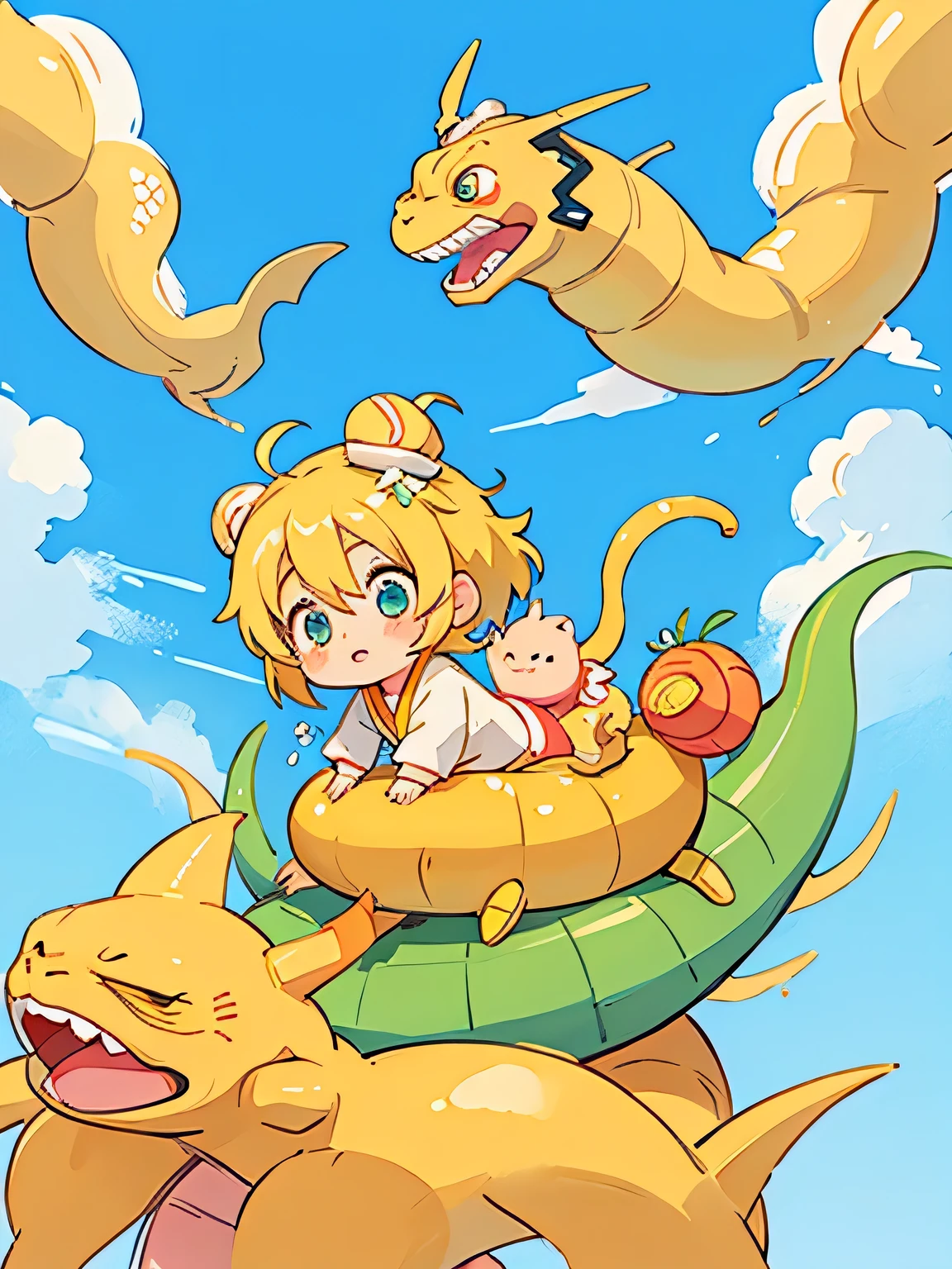 Mika Pikazo style、Kawaii Design, most beautiful girl ever、chibi, (((Playing in the sky with Shenron)))、blue sky