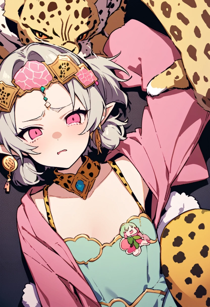 masterpiece, Highest quality, Illustration of the novel, High resolution, ??? Adult content, Sensual, Intimate, Emotional, Passionate, romantic, sweet, Adorable, Innocent, Pure, charmな, charmな, charm, mysterious, charmな, charmな, Immersive, charmな, dream-like, Surreal, Imaginative, Whimsical, Artistic, Avant-garde, timeless, elegant, Sophisticated, chic, Sophisticated, Personality, original, charmな,((Loli Elf:1.3)),((A look of disgust:1.3))、Upper Body、(A Cheetah/A cheetah/Cheetah Dress:1.3)