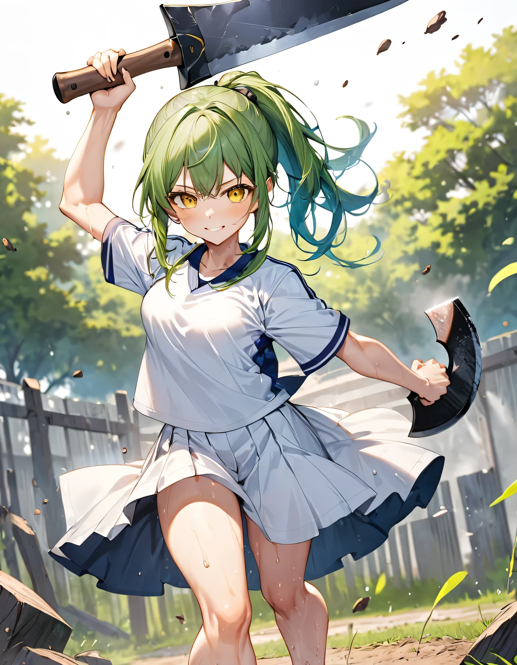 (axe Training style) (both hands holding a detailed big axe), (full body standing fight pose) (15 yo, solo ponytail green hair long hair cute axe fighter girl, serious yellow eyes, sweaty;1.2 skin, soft smile), (in a summer training uniform), break, (in the battle training field), BREAK, perfect anatomy, masterpiece, best quality, 16k, beautiful detailed grow, daydreaming expression.