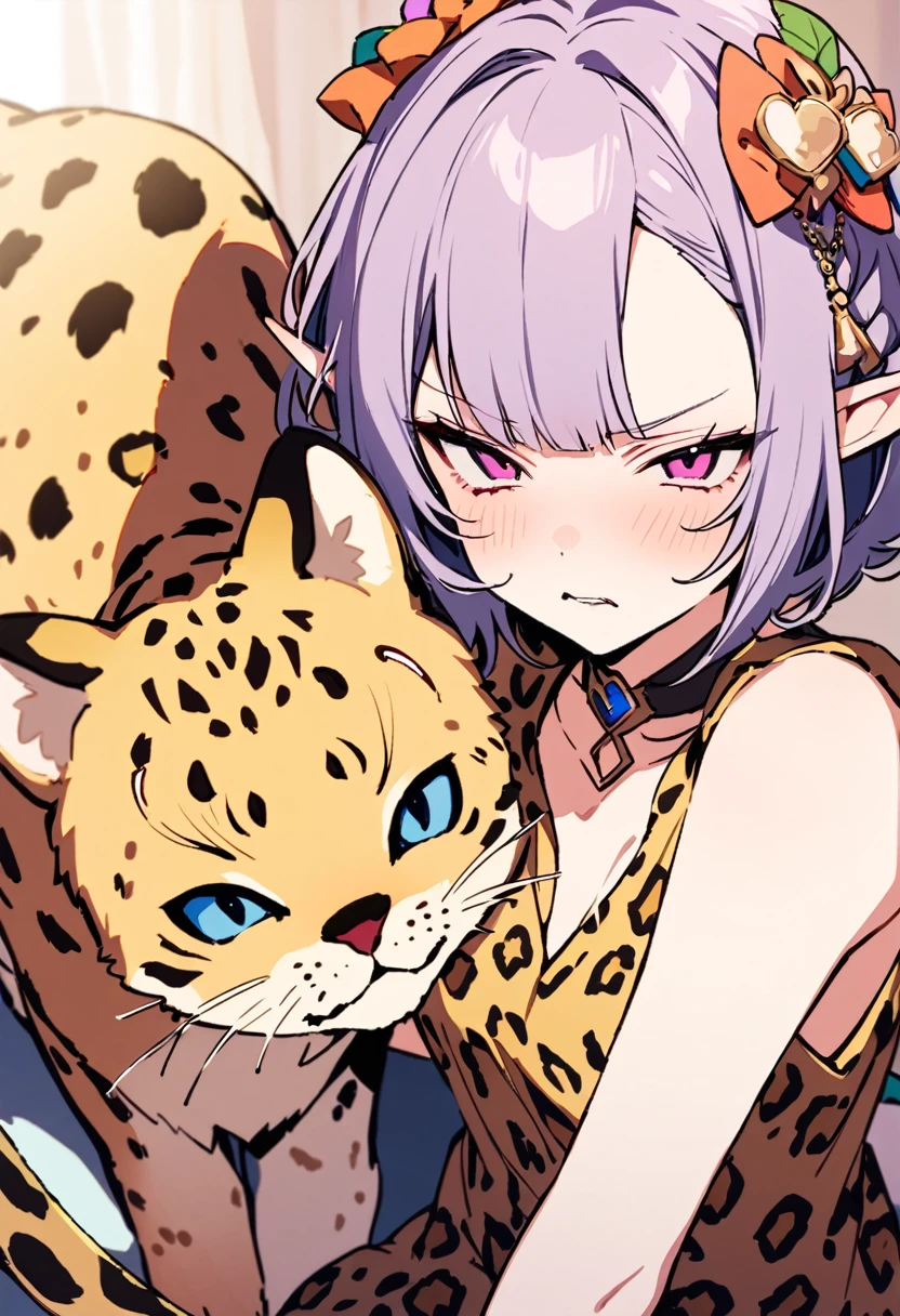 masterpiece, Highest quality, Illustration of the novel, High resolution, 18+ Adult content, Sensual, Intimate, Emotional, Passionate, romantic, sweet, Adorable, Innocent, Pure, charmな, charmな, charm, mysterious, charmな, charmな, Immersive, charmな, dream-like, Surreal, Imaginative, Whimsical, Artistic, Avant-garde, timeless, elegant, Sophisticated, chic, Sophisticated, Personality, original, charmな,((Loli Elf:1.3)),((A look of disgust:1.3))、Upper Body、(A Cheetah/A cheetah/Cheetah Dress:1.3)