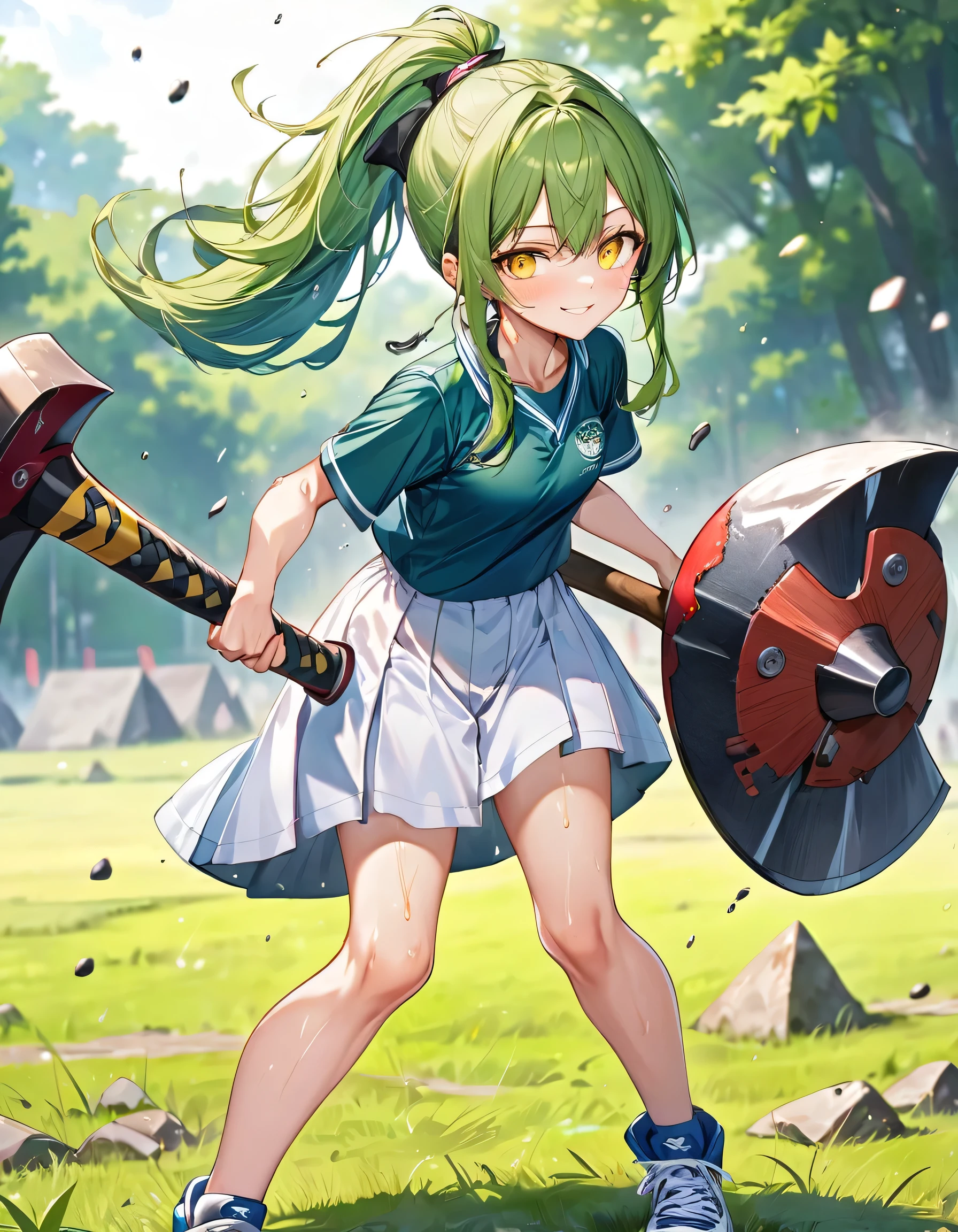 (axe Training style) (both hands holding a detailed big axe), (full body standing fight pose) (15 yo, solo ponytail green hair long hair cute axe fighter girl, serious yellow eyes, sweaty;1.2 skin, soft smile), (in a summer training uniform), break, (in the battle training field), BREAK, perfect anatomy, masterpiece, best quality, 16k, beautiful detailed grow, daydreaming expression.