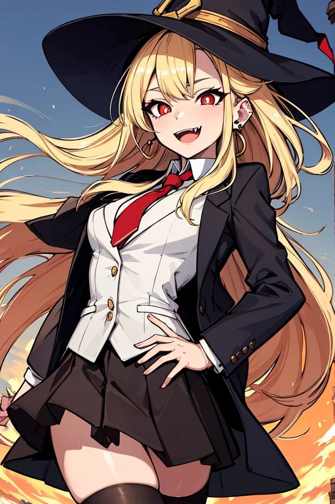 (absurdres, 8k, 4k, masterpiece, hyper extreme detailed:1.2), solo, perfect anatomy, cowboy shot, 1girl, front view, perfect face, 1girl, portrait, standing, adult, adult female, mature, Female, Mature Female, very long hair, 8k uhd, 1girl, slender, cowboy shot, standing, half body, front view, red tie, night sky, moon, stockings, big witch hat, witch, blonde hair, piercings, earrings, detailed eyes, expressive eyes, colorful pupils, blazer, skirt, smile, fang tooth, red eyes, earrings, hand on hip, flat chest, looking forward, front view, messy hair, wind, windy, moving hair, moving clothes, swept bangs, mature body, gyaru, crazy face, crazy eyes, crazy smile,