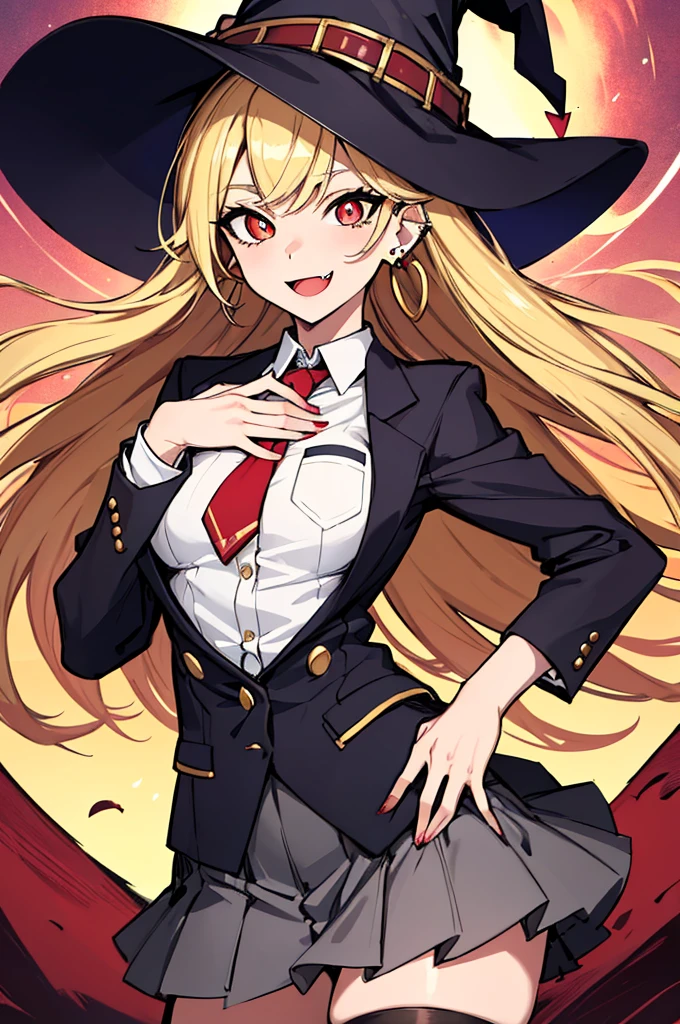(absurdres, 8k, 4k, masterpiece, hyper extreme detailed:1.2), solo, perfect anatomy, cowboy shot, 1girl, front view, perfect face, 1girl, portrait, standing, adult, adult female, mature, Female, Mature Female, very long hair, 8k uhd, 1girl, slender, cowboy shot, standing, half body, front view, red tie, night sky, moon, stockings, big witch hat, witch, blonde hair, piercings, earrings, detailed eyes, expressive eyes, colorful pupils, blazer, skirt, smile, fang tooth, red eyes, earrings, hand on hip, flat chest, looking forward, front view, messy hair, wind, windy, moving hair, moving clothes, swept bangs, mature body, gyaru, crazy face, crazy eyes, crazy smile,