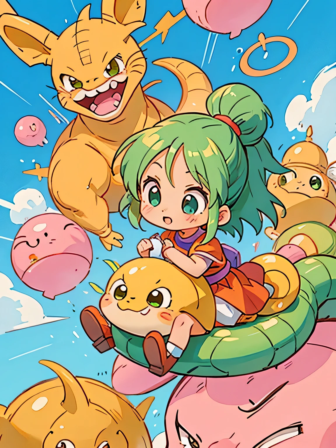 Akira Toriyama style、Kawaii Design, most beautiful girl ever、chibi, (((Playing in the sky with Shenron)))、Dragon Ball