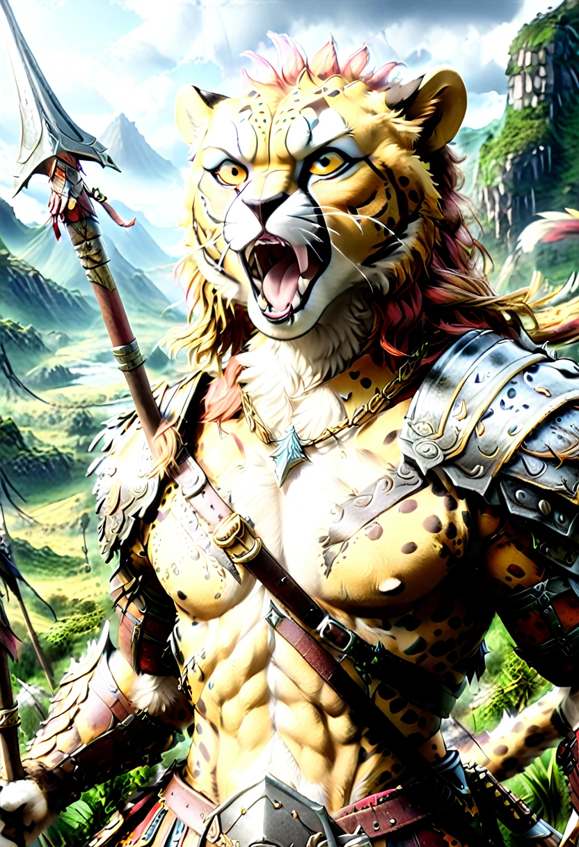 a close up portrait of male (cheetah anthomorph: 1.5) as barbarian warrior, muscled (cheetah anthomorph: 1.5), wearing leather armor, bare chested, necklace of fangs, armed with a spear, deep feline eyes, intent gaze, roaring with mouth full of fangs, wild savannah background, sense of awe, sense of fear, wildness in its might and glory, best details, best quality, highres, ultra wide angle, 16k, [ultra detailed], masterpiece, best quality, (extremely detailed), photorealistic, Cinematic Hollywood Film, Spear and Shield