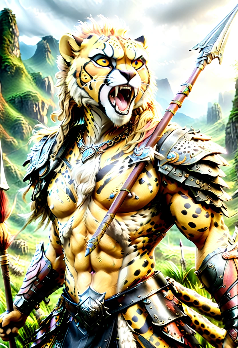 a close up portrait of male (cheetah anthomorph: 1.5) as barbarian warrior, muscled (cheetah anthomorph: 1.5), wearing leather armor, bare chested, necklace of fangs, armed with a spear, deep feline eyes, intent gaze, roaring with mouth full of fangs, wild savannah background, sense of awe, sense of fear, wildness in its might and glory, best details, best quality, highres, ultra wide angle, 16k, [ultra detailed], masterpiece, best quality, (extremely detailed), photorealistic, Cinematic Hollywood Film, Spear and Shield