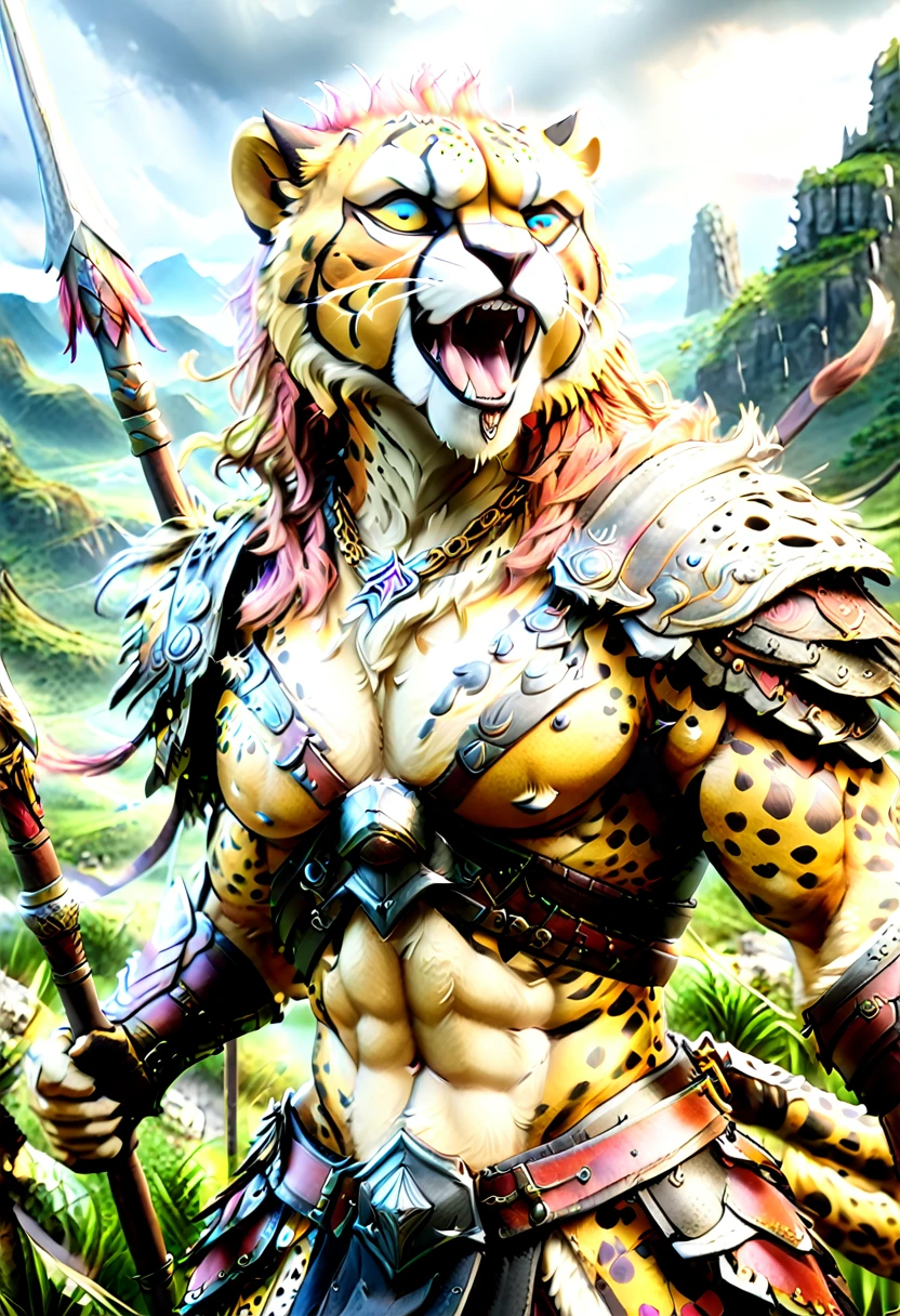 a close up portrait of male (cheetah anthomorph: 1.5) as barbarian warrior, muscled (cheetah anthomorph: 1.5), wearing leather armor, bare chested, necklace of fangs, armed with a spear, deep feline eyes, intent gaze, roaring with mouth full of fangs, wild savannah background, sense of awe, sense of fear, wildness in its might and glory, best details, best quality, highres, ultra wide angle, 16k, [ultra detailed], masterpiece, best quality, (extremely detailed), photorealistic, Cinematic Hollywood Film, Spear and Shield