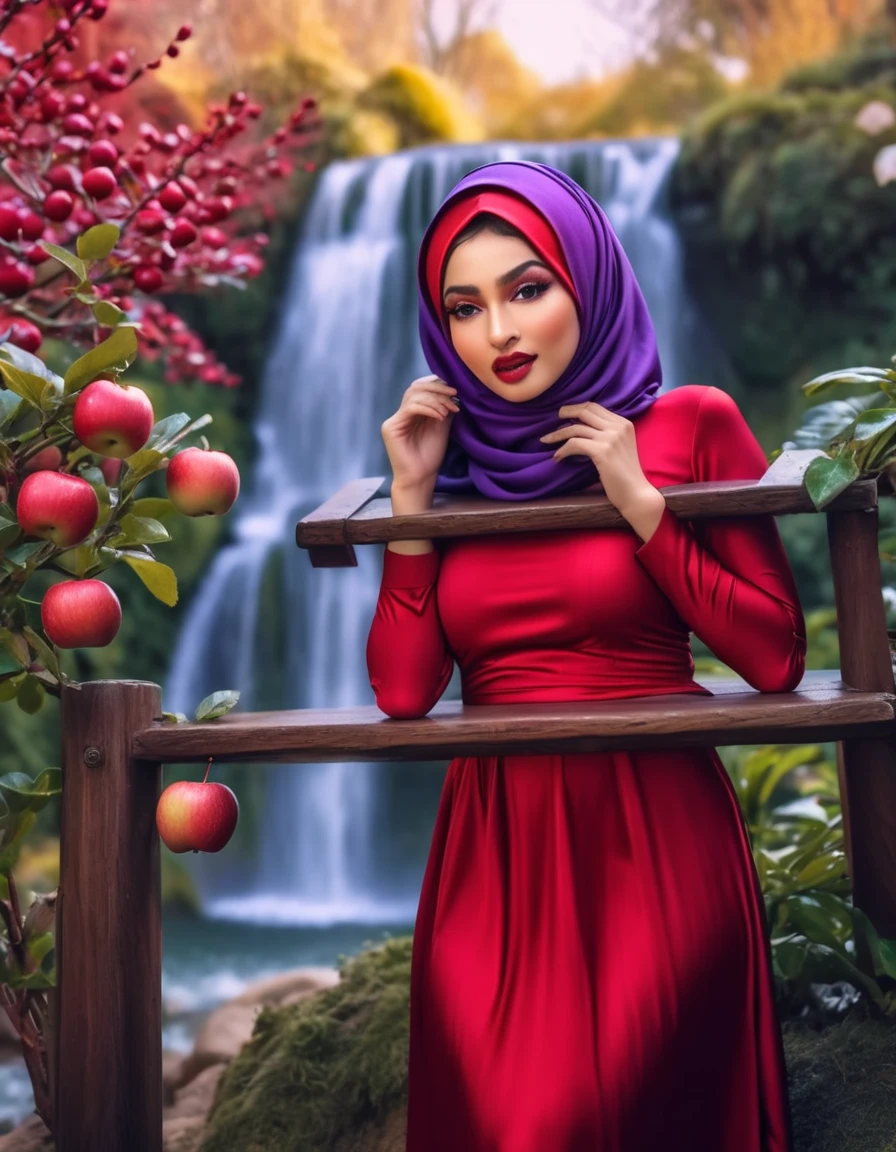 Ultrarealistic very detail raw photo of @bundamayla wear red hijab, red lips, and purple mini dress while pickup apple from tree, fairy garden and waterfall in background, vivid color, hdr, 8k