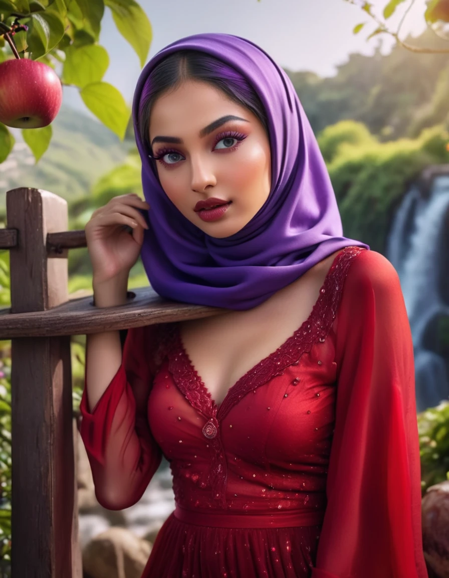 Ultrarealistic very detail raw photo of @bundamayla wear red hijab, red lips, and purple mini dress while pickup apple from tree, fairy garden and waterfall in background, vivid color, hdr, 8k