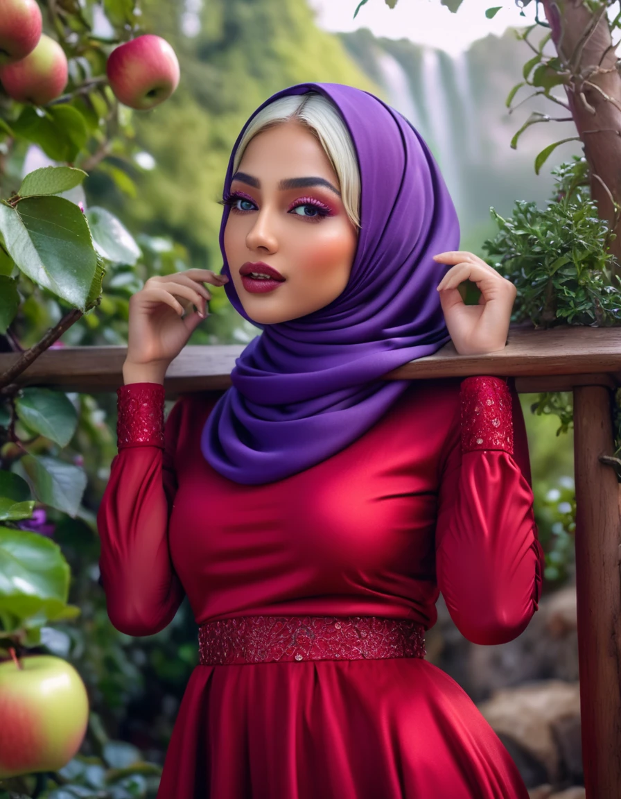 Ultrarealistic very detail raw photo of @bundamayla wear red hijab, red lips, and purple mini dress while pickup apple from tree, fairy garden and waterfall in background, vivid color, hdr, 8k