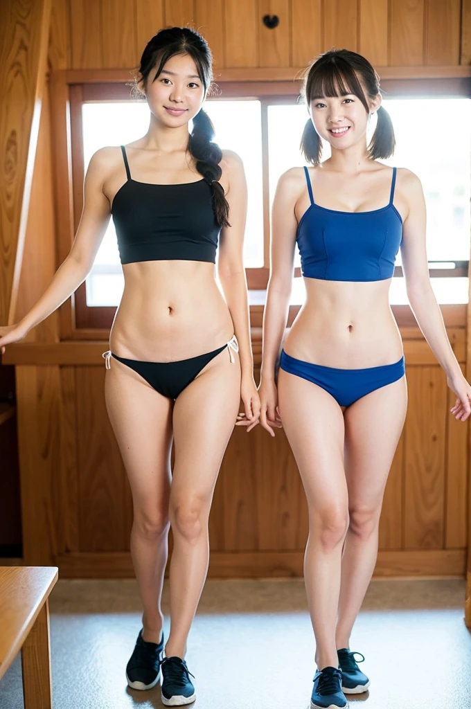 2 girls walking in wooden school classroom,blue micro bikini with white camisole straps and white trim,18-year-old,bangs,a little smile,thighs,knees,short hair with low pigtails,from before,front light