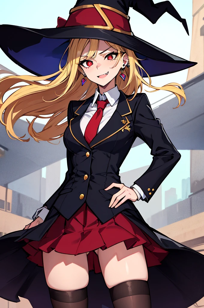 (absurdres, 8k, 4k, masterpiece, hyper extreme detailed:1.2), solo, perfect anatomy, cowboy shot, 1girl, front view, perfect face, 1girl, portrait, standing, adult, adult female, mature, Female, Mature Female, very long hair, 8k uhd, 1girl, slender, cowboy shot, standing, half body, front view, red tie, night sky, moon, stockings, big witch hat, witch, blonde hair, piercings, earrings, detailed eyes, expressive eyes, colorful pupils, blazer, skirt, smile, fang tooth, red eyes, earrings, hand on hip, flat chest, looking forward, front view, messy hair, wind, windy, moving hair, moving clothes, swept bangs, mature body, gyaru, crazy face, crazy eyes, disgusted, annoyed, colorful clothing, 