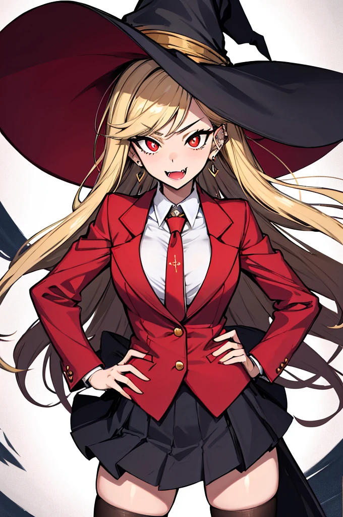 (absurdres, 8k, 4k, masterpiece, hyper extreme detailed:1.2), solo, perfect anatomy, cowboy shot, 1girl, front view, perfect face, 1girl, portrait, standing, adult, adult female, mature, Female, Mature Female, very long hair, 8k uhd, 1girl, slender, cowboy shot, standing, half body, front view, red tie, night sky, moon, stockings, big witch hat, witch, blonde hair, piercings, earrings, detailed eyes, expressive eyes, colorful pupils, blazer, skirt, smile, fang tooth, red eyes, earrings, hand on hip, flat chest, looking forward, front view, messy hair, wind, windy, moving hair, moving clothes, swept bangs, mature body, gyaru, crazy face, crazy eyes, disgusted, annoyed, colorful clothing, 