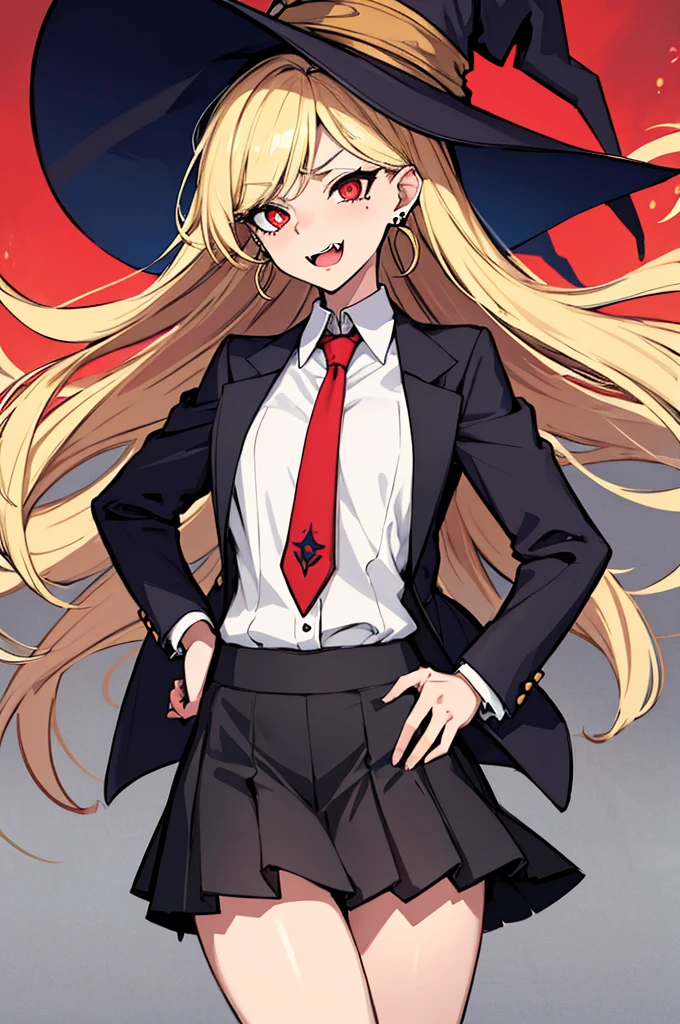 (absurdres, 8k, 4k, masterpiece, hyper extreme detailed:1.2), solo, perfect anatomy, cowboy shot, 1girl, front view, perfect face, 1girl, portrait, standing, adult, adult female, mature, Female, Mature Female, very long hair, 8k uhd, 1girl, slender, cowboy shot, standing, half body, front view, red tie, night sky, moon, stockings, big witch hat, witch, blonde hair, piercings, earrings, detailed eyes, expressive eyes, colorful pupils, blazer, skirt, smile, fang tooth, red eyes, earrings, hand on hip, flat chest, looking forward, front view, messy hair, wind, windy, moving hair, moving clothes, swept bangs, mature body, gyaru, crazy face, crazy eyes, disgusted, annoyed, colorful clothing,