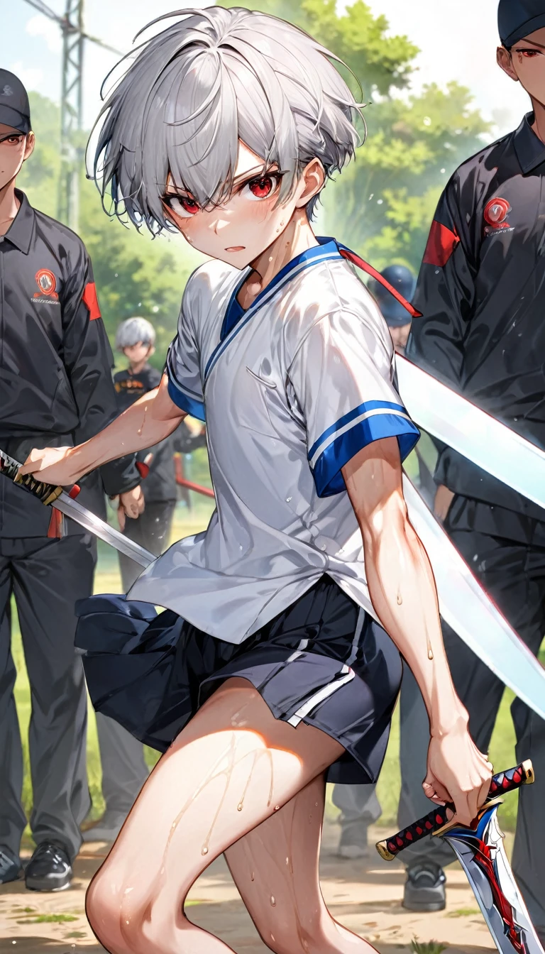 (Sword Training style) (both hands holding a detailed long sword), (full body standing fight pose) (16 yo, solo crew cut silver hair very short hair divine boy, detailed serious red eyes, sweaty;1.2 skin, serious face), (in a summer training uniform), break, (in the battle training field), BREAK, perfect ???????, masterpiece, best quality, 16k, beautiful detailed grow, daydreaming expression.