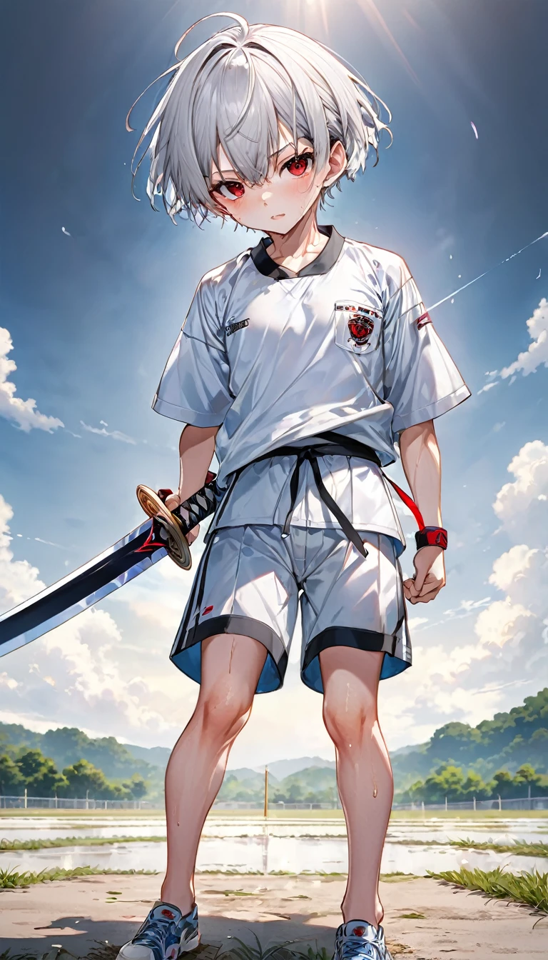 (Sword Training style) (both hands holding a detailed long sword), (full body standing fight pose) (16 yo, solo crew cut silver hair very short hair divine boy, detailed serious red eyes, sweaty;1.2 skin, serious face), (in a summer training uniform), break, (in the battle training field), BREAK, perfect anatomy, masterpiece, best quality, 16k, beautiful detailed grow, daydreaming expression.
