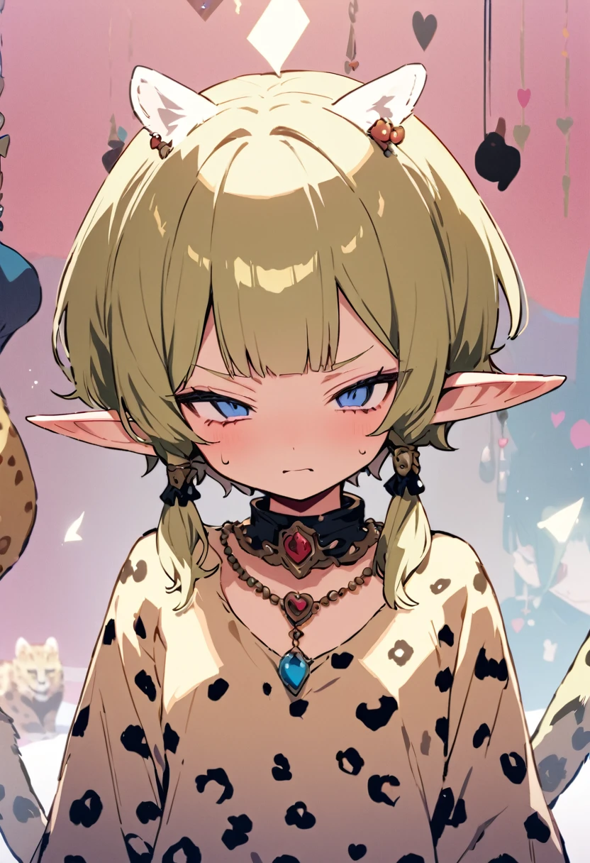 masterpiece, Highest quality, Illustration of the novel, High resolution, 18+ Adult content, Sensual, Intimate, Emotional, Passionate, romantic, sweet, Adorable, Innocent, Pure, charmな, charmな, charm, mysterious, charmな, charmな, Immersive, charmな, dream-like, Surreal, Imaginative, Whimsical, Artistic, Avant-garde, timeless, elegant, Sophisticated, chic, Sophisticated, Personality, original, charmな,(( Elf:1.3)),((A look of disgust:1.3))、Upper Body、(A Cheetah/A cheetah/Cheetah Dress:1.3)