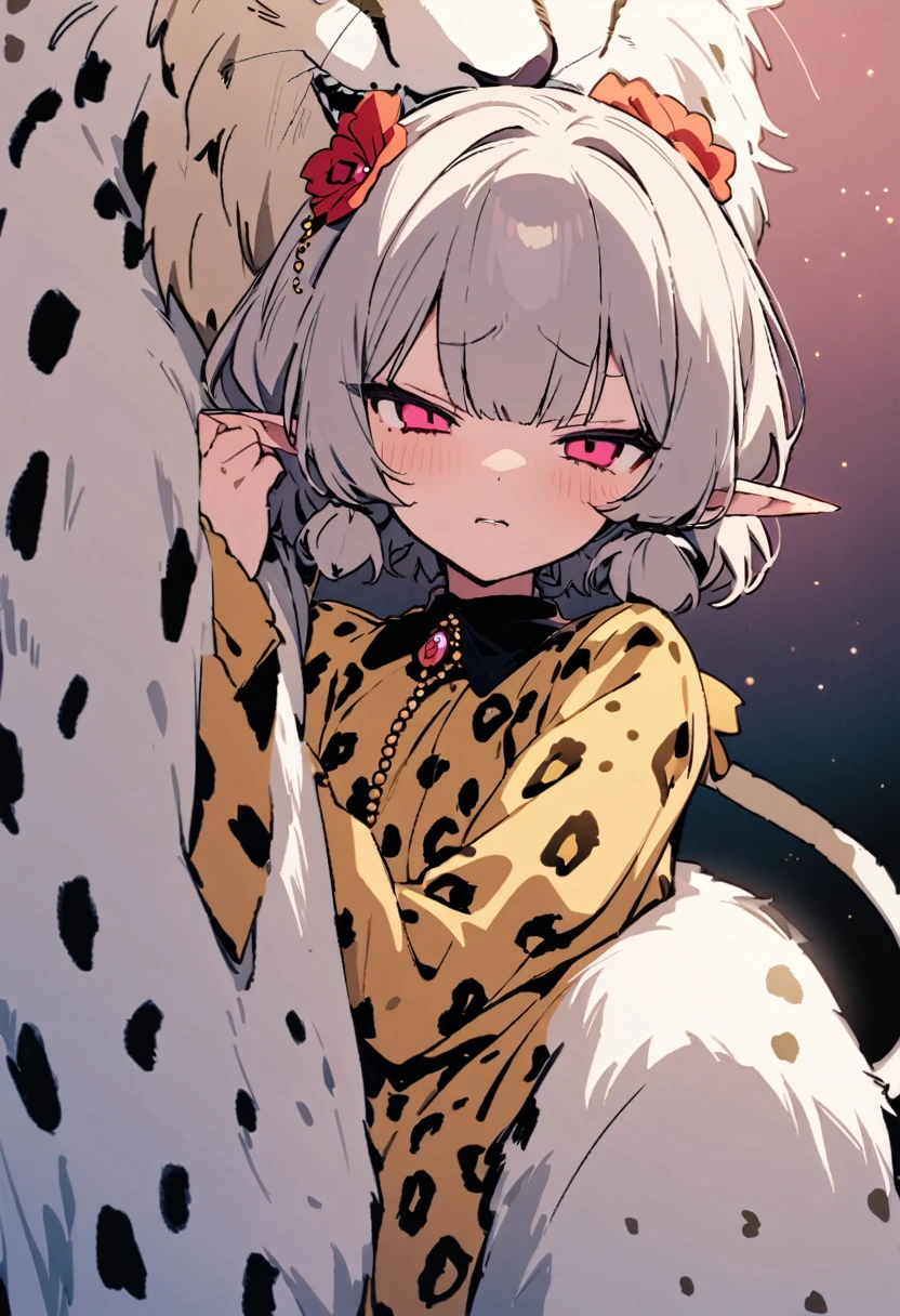 masterpiece, Highest quality, Illustration of the novel, High resolution, 18+ Adult content, Sensual, Intimate, Emotional, Passionate, romantic, sweet, Adorable, Innocent, Pure, charmな, charmな, charm, mysterious, charmな, charmな, Immersive, charmな, dream-like, Surreal, Imaginative, Whimsical, Artistic, Avant-garde, timeless, elegant, Sophisticated, chic, Sophisticated, Personality, original, charmな,((Loli Elf:1.3)),((A look of disgust:1.3))、Upper Body、(A Cheetah/A cheetah/Cheetah Dress:1.3)