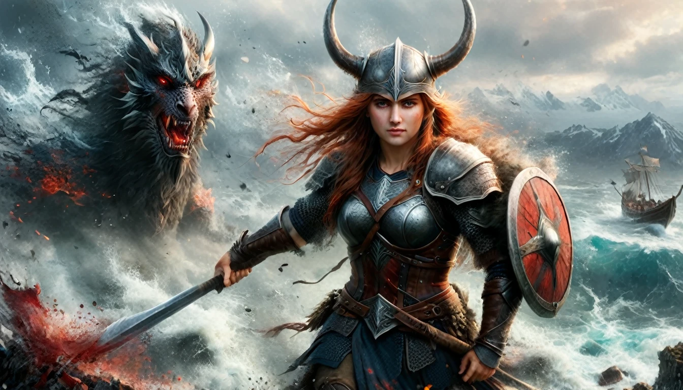 (Intricate details, masterpiece, best quality:1.4) ,
J. R. R. Tolkien and LoRd of the Ring style aRt, Energetic, fantasy, detailed, epic, heroic, Reminiscent《A Song of Ice and Fire》series,  Dynamic posture A field, Angry viking warrior with round shield and axe, He roared and rushed into the battlefield. Her face was covered in blood.. In the background you can see the sea and some Viking dragon ships.