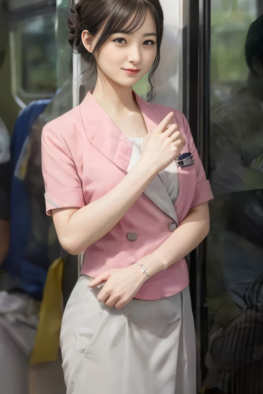 (masterpiece:1.2, Highest quality:1.2), 32k HDR, High resolution, (alone、1 girl)、 (Height: 160cm)、（On the rooftop of a building in the daytime、Professional Lighting）、Building rooftop background、（Nankai train crew uniform pinkを着たリアルスタイル）、（Nankai train crew uniform pink short sleeve collarless pink jacket、Nankai Train Crew Uniform Pink Collarless Short Sleeve Blouse、Nankai Train Crew Uniform Pink Grey Knee-length Culottes）、（The pink jacket is showing from the culottes.）、Dark brown hair、（Hair tied up、Hair tied up、Evening curly hairstyle）、Dark brown hair、Long Shot、、Thin legs、（（Great hands：2.0）），（（Harmonious body proportions：1.5）），（（Normal limbs：2.0）），（（Normal finger：2.0）），（（Delicate eyes：2.0）），（（Normal eyes：2.0））)、smile、（Nankai Train Crew Uniform Pink Grey Knee-length Culottesを見せた美しい歩く姿）、Place your hands around your stomach、Lanyard employee ID card