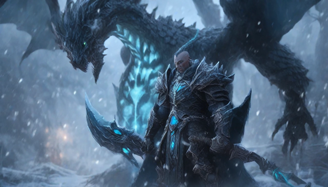 Death Knight Style,A powerful artifact that grants immortality is guarded by a powerful dragon.,8K,masterpiece,Practical,Glowing eyes,epic,Popular on ArtStation,Ultra-fine photography,Clear focus,Frost theme,(Philip Kennedy Johnson:1.2), snow