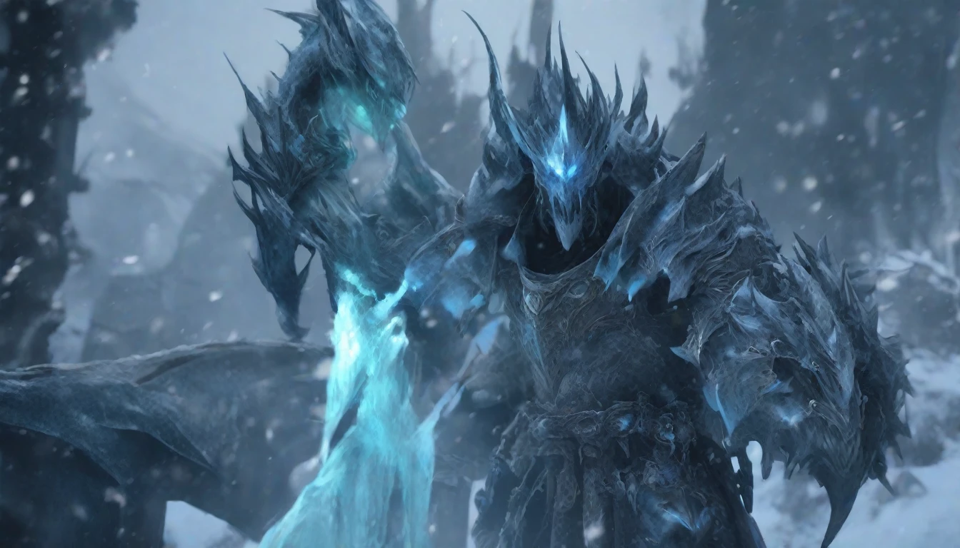 Death Knight Style,A powerful artifact that grants immortality is guarded by a powerful dragon.,8K,masterpiece,Practical,Glowing eyes,epic,Popular on ArtStation,Ultra-fine photography,Clear focus,Frost theme,(Philip Kennedy Johnson:1.2), snow