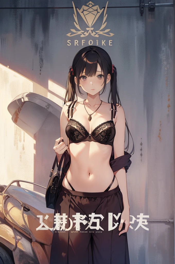 masterpiece, Highest quality, Cute Mature Woman,Small breasts that are just beginning to grow, Scrunchie hair ornament, Twin tails,Large areola,Nipples,hoodie,necklace, skinny , Nipples,(Nipplesが透けて見える)), (good:1.3), ((lingerie,Culottes:1.5)),下から見上げたCulottes