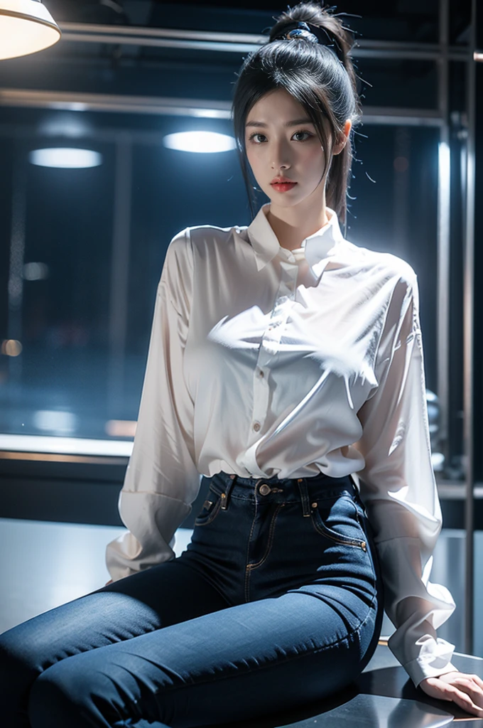 Game Art,Best image quality,Maximum resolution,8K,((A bust photo)),(Transparent white silk shirt),(Drunken state),((Dark blue skinny jeans)),((portrait)),(Rule of Thirds),Unreal Engine 5 rendering works, (Future girl),(Female Warrior), 22-year-old young hacker),(Oriental hairstyle),(Beautiful eyes full of details),(Large Breasts),(Eyeshadow),Elegant and charming,indifferent,((frown)),(Transparent white shirt,这套服装融合了Dark blue skinny jeans,Clothing is decorated with glittering patterns and emblems),Legs apart,Cyberpunk Characters,in the style of futuristic, Photo poses,City background,lamp,Ray Tracing,Game CG,((3D Unreal Engine)),OC rendering reflection mode