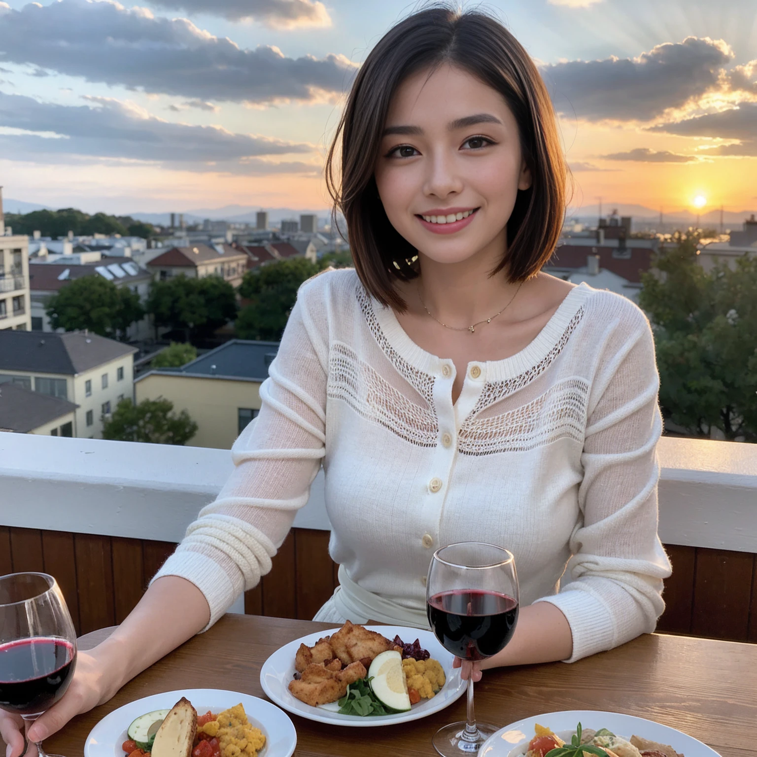 ((Highest quality、8K、masterpiece:1.3))、 (Ultra-realistic、 Genuine、Bright image、Intricate details:1.2), 最高のsmile、1 male、1 female、Beautiful couple、love love love、A lover who resembles Miki Nakatani、Good friends、actress couple、smile、Full-course dinner at a packed table、 (Slim face), (the body is slim), (Brown Hair), (short hair), テーブルのwine glass、Please shine a light on my face、 Amazing view of the sunset sky and clouds、9 years old, red wine 、Appetizers、Wine bottle、sparkling wine、Long sleeve shirt、dress、White wine, red wine, wine glass, 