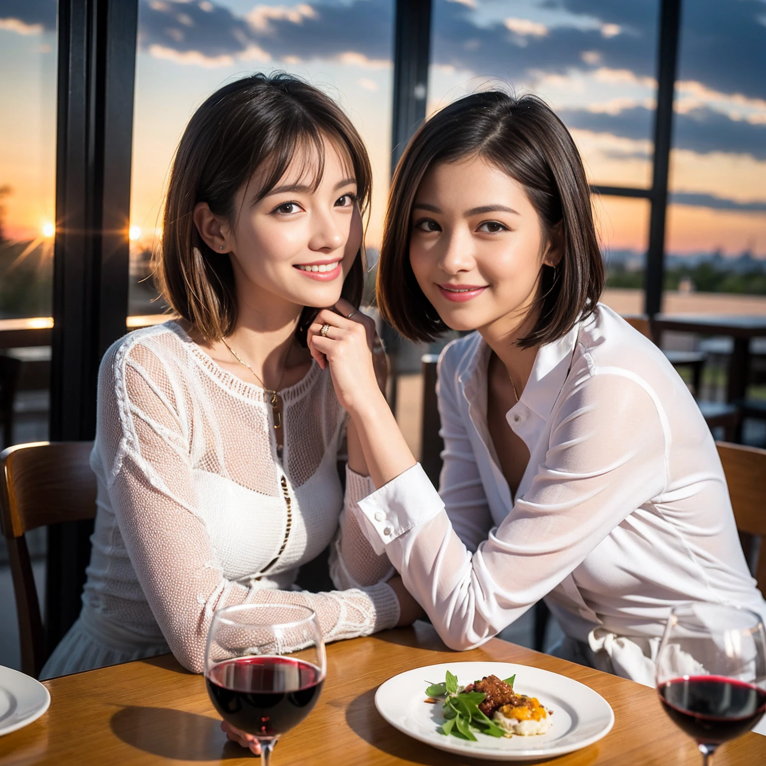 ((Highest quality、8K、masterpiece:1.3))、 (Ultra-realistic、 Genuine、Bright image、Intricate details:1.2), 最高のsmile、1 male、1 female、Beautiful couple、love love love、A lover who resembles Miki Nakatani、Good friends、actress couple、smile、Full-course dinner at a packed table、 (Slim face), (the body is slim), (Brown Hair), (short hair), テーブルのwine glass、Please shine a light on my face、 Amazing view of the sunset sky and clouds、9 years old, red wine 、Appetizers、Wine bottle、sparkling wine、Long sleeve shirt、dress、White wine, red wine, wine glass, 