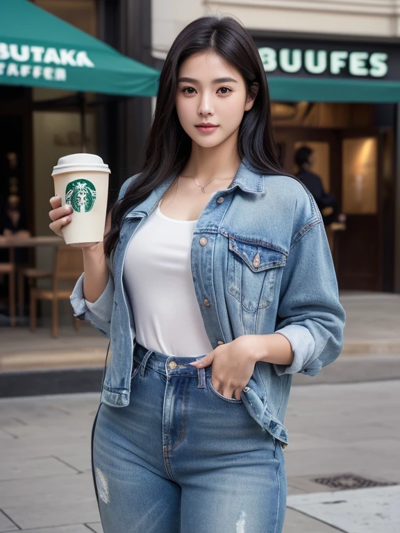 (Masterpiece:1.3)、(8K、Realistic photos、RAW shooting、Highest quality: 1.4)、absolutely correct、textured skin、((((1 girl、alone))))、((Shoot for one person only.))、beautiful face、（realistic face）、Thai model(have dark hair,Midfielder、long:1.3）、Korean model(have dark hair、Midfielder、long:1.3)、More Korean than Thai、realistic eyes、The skin looks realistic.、beautiful details、Beautiful skin、Ultra high resolution、（Too realistic）、Anatomically correct、textured skin、Sharp jaw、perfect proportions 、fat,Overweight, Dressed in jeans,Stylish and fashionable clothes, In front of Starbucks store、Holding a foamy coffee cup