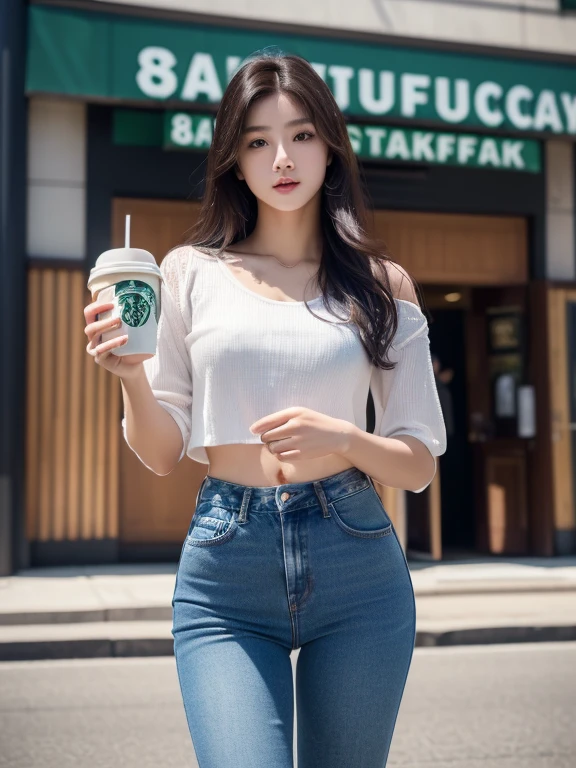 (Masterpiece:1.3)、(8K、Realistic photos、RAW shooting、Highest quality: 1.4)、absolutely correct、textured skin、((((1 girl、alone))))、((Shoot for one person only.))、beautiful face、(realistic face)、Thai model(have dark hair,Midfielder、long:1.3)、Korean model(have dark hair、Midfielder、long:1.3)、More Korean than Thai、realistic eyes、The skin looks realistic.、beautiful details、Beautiful skin、Ultra high resolution、(Too realistic)、Anatomically correct、textured skin、Sharp jaw、perfect proportions 、fat,Overweight, Dressed in jeans,Stylish and fashionable clothes, In front of Starbucks store、Holding a foamy coffee cup